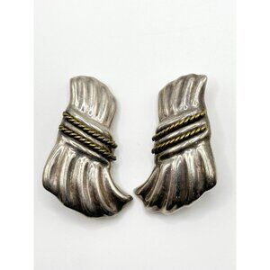 Laton Mexico Sterling Silver Brass Two Tone Large Clip On Earrings